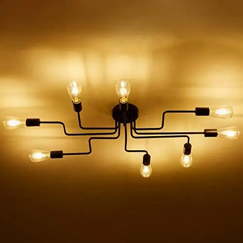 Sputnik 8-Light Flush Mount Ceiling Light, Matte Black Finish, Modern Industrial Lighting Fixture for Dining Room Living Room Bedroom Kitchen