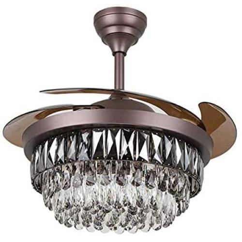 Crystal Ceiling Fan light with Remote Control Blades Retractable Ceiling Chandelier Fan 3 color Temperature Modern Invisible Ceiling Fan with Light for Dining Room Bedroom 42” Brown Silent Motor