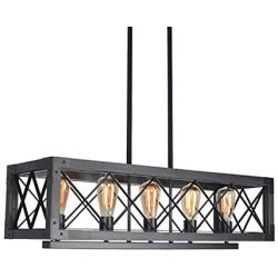 Bizinlumin Farmhouse Rectangle Dining Room Chandelier Lighting, Wood Rustic Kitchen Island Light Fixture Metal Industrial Cage Pendant Light Linear Edison Billiard Light 5 Lights E26 BY17032