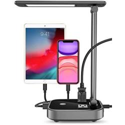 LED Desk Lamp Light with 4 USB Charging Port and 2 AC Power Outlet, 8.2FT Extension Cord Power Strip Station, 3 Level Brightness, Touch Dimmer Control,Eye-Caring Lamp for Bedside Office Hotel Dorm