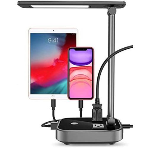 LED Desk Lamp Light with 4 USB Charging Port and 2 AC Power Outlet, 8.2FT Extension Cord Power Strip Station, 3 Level Brightness, Touch Dimmer Control,Eye-Caring Lamp for Bedside Office Hotel Dorm