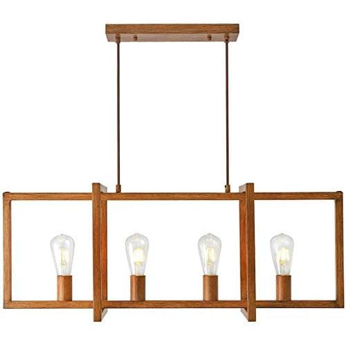 4-Light Kitchen Island Light Fixture, Industrial Farmhouse Pendant Lighting Metal Rustic Wood Chandeliers Ceiling Hanging Linear Fixture for Dining Room