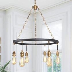 LALUZ 6-Lights Black Round Island Chandelier, 26'' Diameter Retro Rustic Pendant Lighting Lamp for Kitchen, Living Room, Corridor ( E26 Base, Max 60W )