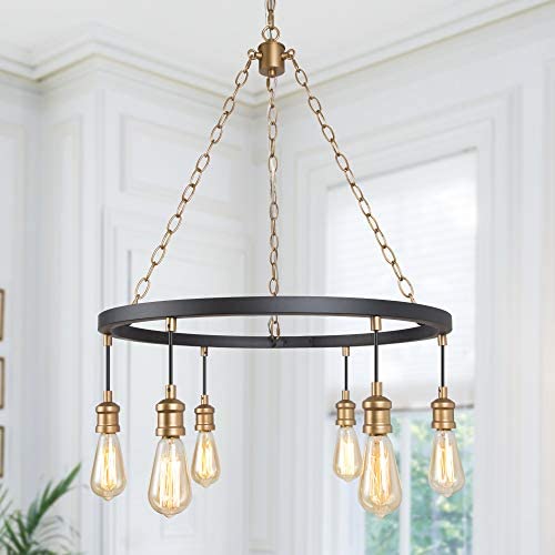 LALUZ 6-Lights Black Round Island Chandelier, 26'' Diameter Retro Rustic Pendant Lighting Lamp for Kitchen, Living Room, Corridor ( E26 Base, Max 60W )