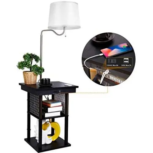 Albrillo Nightstand Floor lamp with Outlet and 2 USB Charging Ports, Mid Century Table with Shelve and Swing Arm for Bedroom, White