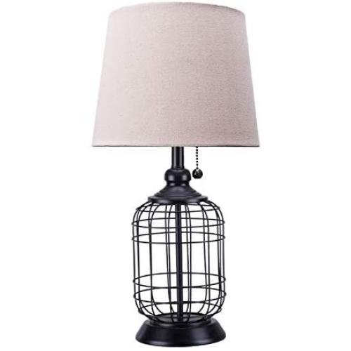 CO-Z Modern Black Birdcage Base Table Lamp, Industrial Anti-Rust Metal Base, Mid Century Oatmeal Linen Shade, Retro, 18 Inches Height for Entryway Table, Living Room Bedroom Bedside