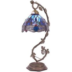 Tiffany Lamps Stained Glass Table Desk Reading Lamp Crystal Bead Sea Blue Dragonfly Style Shade W8H21 Inch for Living Room Bedroom Bookcase Dresser Coffee Table (S00408T28)