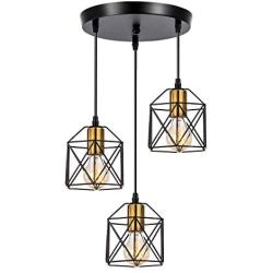 WADSN 3-Light Industrial Rustic Vintage Farmhouse Metal Caged Pendant Light,Adjustable Modern Ceiling Pendant Light Fixture,Gold Black Antique Hanging Lighting for Kitchen Island Dining Room Bar