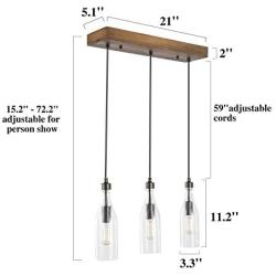 LNC A03491 Wooden Pendant Lights 3-Height Adjustable Farmhouse Chandelier for Kitchen Island and Dining Room, Square