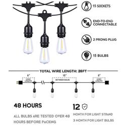 Afirst LED Outdoor Patio Lights 20Ft with 15 Bulbs Edison Lights Weatherproof Outdoor String Lights for Backyard Party Market Wedding Black