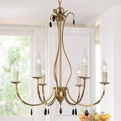 KSANA Large Antique Gold Chandelier Modern 6 Light Fixture with Black Crystal Pendants for Dining & Living Room, Bedroom, Foyer and Kitchen