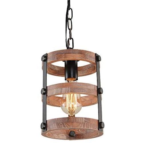 Giluta Circular Wood Pendant Light Farmhouse Kitchen Chandelier One-Light Rustic Industrial Edison Ceiling Light Hanging Light Fixtures for Dining Room Bedroom Bathroom (P0022)