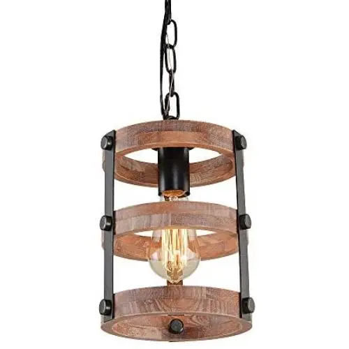 Giluta Circular Wood Pendant Light Farmhouse Kitchen Chandelier One-Light Rustic Industrial Edison Ceiling Light Hanging Light Fixtures for Dining Room Bedroom Bathroom (P0022)