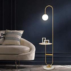 JiuZhuo 60'' Modern Arc Floor Lamp with Shelf in Gold with Glass Shade & Marble Base for Living Room, Storage Shelf Floor Lamp