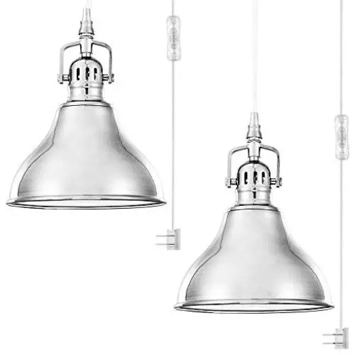 QITIM Plug in Pendant Light Indoor, Brushed Nickel Finish Modern Metal Hanging Lamp for Kitchen, Living Room, Bedroom, 15FT Clear Cord with On/Off Switch, E26 Socket, 2 Pack