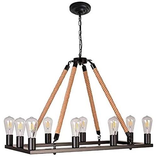 10 Lights W31.5 Rectangle Vintage Rope Barn Chandelier Kitchen Rustic Wagon Wheel Pendant Farmhouse Island Chandeliers Ceiling Light Fixture for Dining Living Room Cafe Hallways Entryway