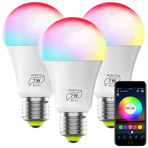 Smart WiFi Bulb No Hub Required, Magic Home RGBCW A19 E26 7W (60w Equivalent) Multicolor Dimmable WiFi LED Lights, Works with Alexa Google Home and Siri (3 Pack)