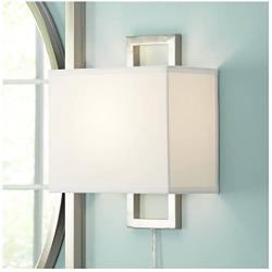 Aundria Modern Wall Lamp Plug-in Rectangular Brushed Nickel White Shade for Living Room Bedroom Reading - Possini Euro Design