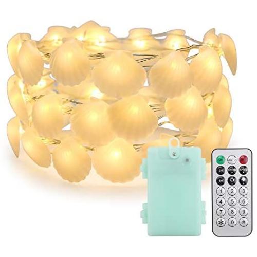 ER CHEN Dimmable Shell String Lights, 10ft 40 LED Waterproof Silver Wire Battery Operated Fairy Lights 12 Modes with Remote&Timer for Indoor/Outdoor Party, Wedding (Warm White)