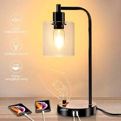 Industrial Table Lamp, Fully Dimmable Modern Nightstand Lamp with Dual USB Port, Glass Shade Table Lamps for Bedroom Living Room Office, 6W 2700K Dimmable LED Edison Bulb Included