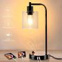 Industrial Table Lamp, Fully Dimmable Modern Nightstand Lamp with Dual USB Port, Glass Shade Table Lamps for Bedroom Living Room Office, 6W 2700K Dimmable LED Edison Bulb Included