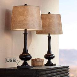 Ross Modern Mid-Century Modern Lamps Set of 2 with USB Charging Port Bronze Faux Leather Drum Shade for Living Room Bedroom Bedside Nightstand Office Family - Franklin Iron Works