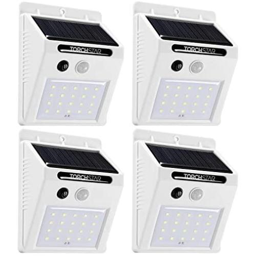 TORCHSTAR Outdoor LED Solar Powered Motion Sensor Light, IP65 Waterproof Wireless Outdoor Wall Lighting for Driveway, Patio, Garage, Porch, 6500K Pure White, White, Pack of 4