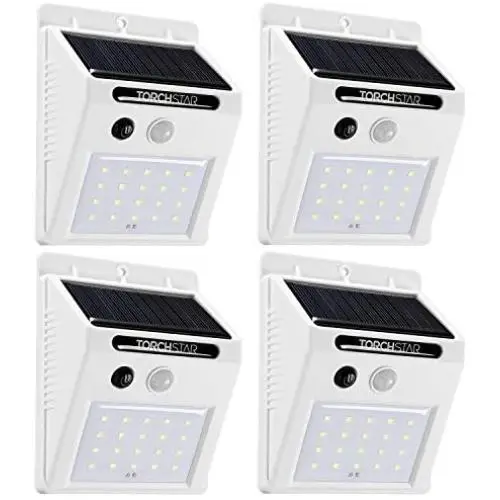 TORCHSTAR Outdoor LED Solar Powered Motion Sensor Light, IP65 Waterproof Wireless Outdoor Wall Lighting for Driveway, Patio, Garage, Porch, 6500K Pure White, White, Pack of 4