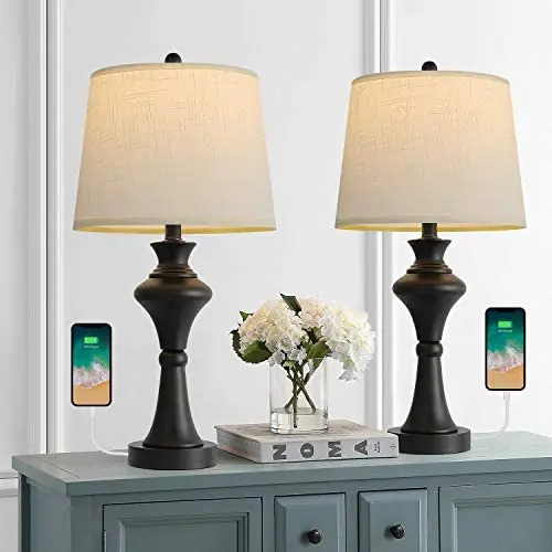 Oneach USB Table Lamp Modern Table Lamps Set of 2 for Living Room with USB Charging Port Bedside Lamp Fabric Drum Shade Accent Lamp Light for Bedroom Black