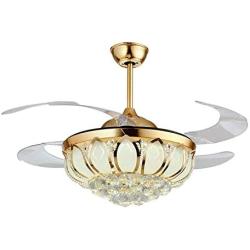 TFCFL 42 Inch Ceiling Fan with Light, Crystal Invisible Chandelier with Remote Control Retractable Blades Dimmable Pendant Lighting Fixture for Decorate Living Room Dining Room Restaurant (Gold)