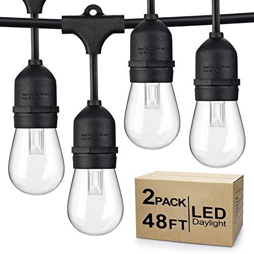 2-Pack Dimmable LED Outdoor String Lights for Patio Daylight White, IP65 Waterproof Hanging Edison Bulbs, Commercial Grade Lights String Create Ambience for Cafe Garden Backyard Party (Total 96ft)