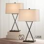 Megan Modern Table Lamps Set of 2 with Hotel Style USB Charging Port LED Bronze Metal Rectangular Fabric Shade for Living Room Bedroom - Franklin Iron Works