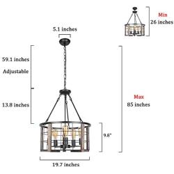 Baiwaiz Round Rustic Dining Room Light Fixture, Wood Farmhouse Drum Chandelier Lighting Black Industrial Metal Cage Foyer Pendant Light 5 Lights Edison E26 BW17124