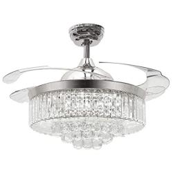 TiptonLight Modern Crystal Ceiling Fan with Lights, 42 Inch Remote Control Crystal Chandelier Fan 4 Acrylic Retractable Blades with 3 Color Light for Living Room Office Restaurant Hote