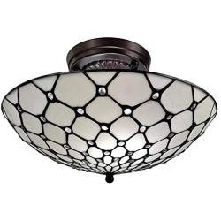 Amora Lighting Tiffany Style Ceiling Fixture Lamp Jeweled 16'' Wide Stained Glass White Cream Antique Vintage Light Decor Living Room Bedroom Hallway Kitchen Gift AM030CL17B