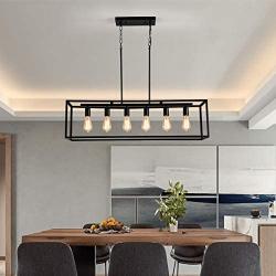 Garwarm 6 Light Rectangle Chandelier,Black Metal Linear Modern Pendant Lighting,Industrial Cage Kitchen Island Ceiling Light Fixture for Dining Room Kitchen