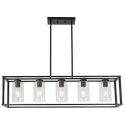 VINLUZ Farmhouse Chandeliers Rectangle Black 5 Light Dining Room Lighting Fixtures Hanging, Kitchen Island Cage Pendant Lights Contemporary Modern Ceiling Light with Glass Shade Adjustable Rods