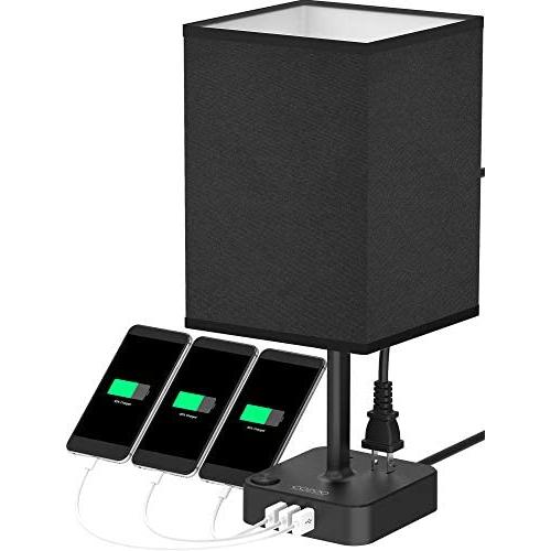 COZOO USB Bedside Table & Desk Lamp with 3 USB Charging Ports and 2 Outlets Power Strip,Black Charger Base with Black Fabric Shade, LED Light for Bedroom/Nightstand/Living Room (Black-Large)