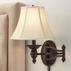 Godia Swing Arm Wall Lamp French Country Bronze Plug-in Light Fixture Beige Softback Bell Shade for Bedroom Bedside Living Room Reading - Barnes and Ivy