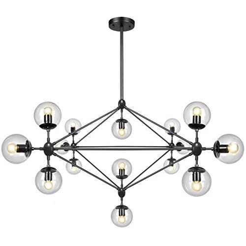 Lampundit 58'' Large Chandelier Lighting 15 Light Chandelier, Black Finish with Globe Glass Shade, Mid Century Modern Industrial Sputnik Hanging Light Fixture for Living Room Dining Room, Hotel