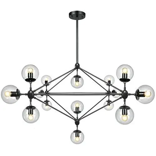 Lampundit 58'' Large Chandelier Lighting 15 Light Chandelier, Black Finish with Globe Glass Shade, Mid Century Modern Industrial Sputnik Hanging Light Fixture for Living Room Dining Room, Hotel Lampundit 58'' Large Chandelier Lighting 15 Light Chandelier, Black Finish with Globe Glass Shade, Mid Century Modern Industrial Sputnik Hanging Light Fixture for Living Room Dining Room, Hotel