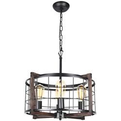 Bizinlumin Round Rustic Chandelier, Black Metal and Wood Farmhouse Drum Chandelier Lighting Industrial Cage Dining Room Foyer Pendant Light Fixture 4 Lights Edison E26 BY19002A