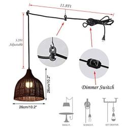 ANYE 15ft Black Plug-in UL On/Off Dimmer Switch Cord Retro Style E26 Lamp Holder Rattan Brown Pendant Light for Dining Room Cafe Restaurant Bulbs Not Included