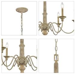 CLAXY 6 Lights Rustic Distressed Oak Wooden Straw Candle Chandelier