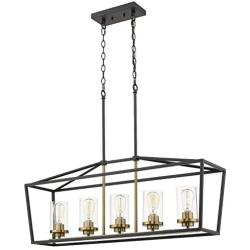 Emliviar Modern 5-Light Kitchen Island Pendant Light Fixture, Linear Pendant Lighting, Black and Gold Finish with Clear Glass Shade, P3033-5LP