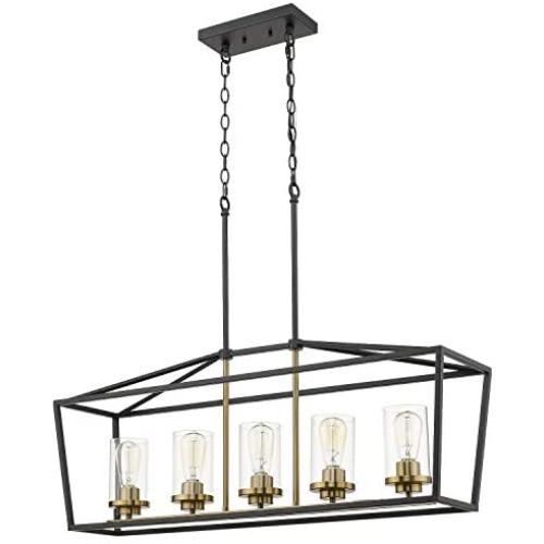 Emliviar Modern 5-Light Kitchen Island Pendant Light Fixture, Linear Pendant Lighting, Black and Gold Finish with Clear Glass Shade, P3033-5LP