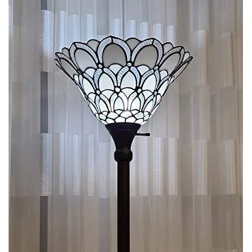 Tiffany Style Torchiere Standing Peacock Floor Lamp 72'' Tall Stained Glass Shade White Antique Vintage Light Bedroom Living Room Reading Antique Vintage Gift AM071FL11 Amora Lighting