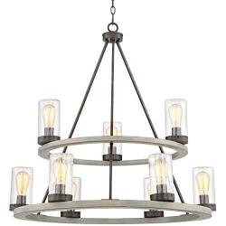 Lillian Gray Wood Bronze Large Wagon Wheel Chandelier 32'' Wide Farmhouse Industrial Two Tier Clear Seeded Glass Shades 9-Light Fixture for Dining Room House Island Entryway - Franklin Iron Works