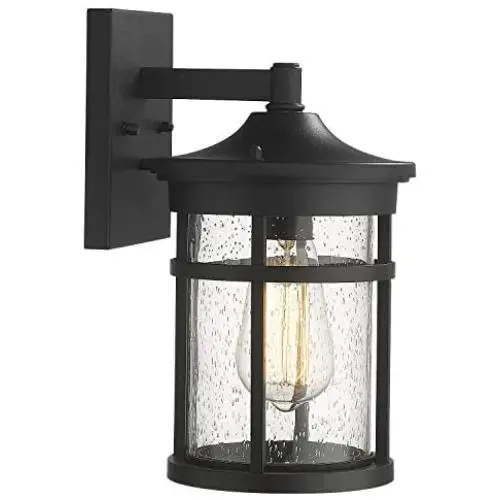 Emliviar Outdoor Wall Light Fixture, Exterior Wall Sconce Lantern, Black Finish with Seeded Glass, 2085B3 BK