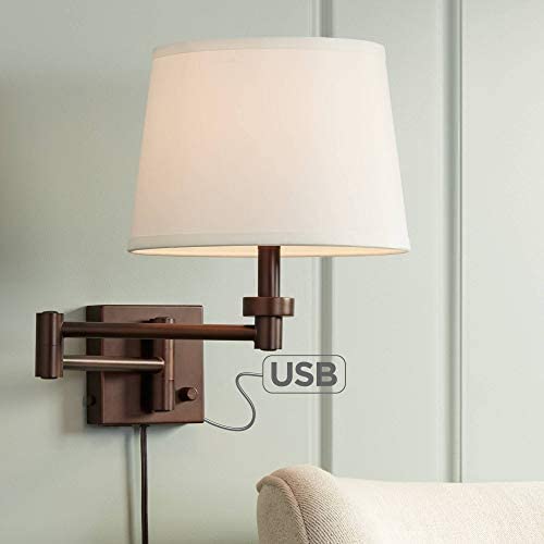 Vero Modern Swing Arm Wall Lamp with USB Charging Port Oil Rubbed Bronze Plug-in Light Fixture Cream Drum Shade for Bedroom Bedside Living Room Reading - 360 Lighting